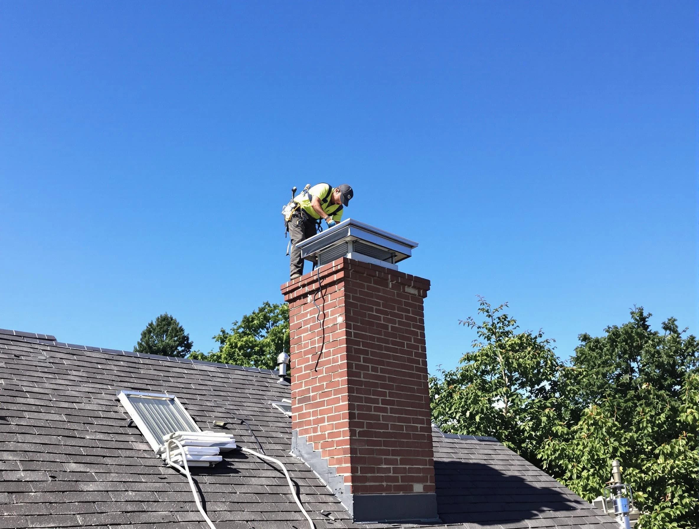 Chelsea Chimney Sweep technician measuring a chimney cap in Chelsea, AL